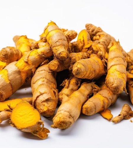 bunch-of-ripe-dried-organic-turmeric-roots-laid-in-composition-on-white-background-curcuma-at-table-counter-close-up-flat-lay-top-view-generative-ai-photo